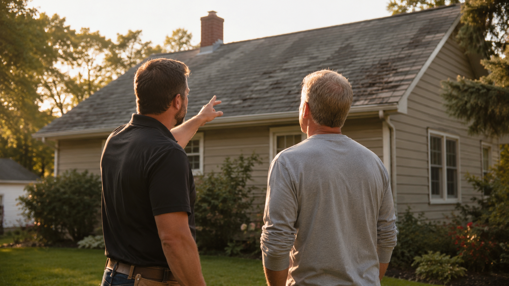 Roof inspection in golden sunlight