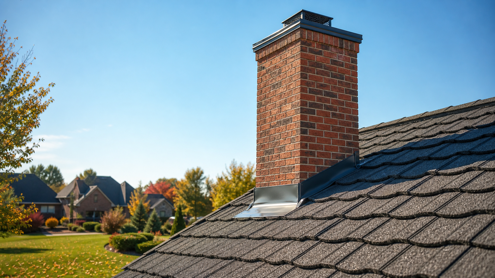 brick chimney on roof overlooking midwest neighborhood