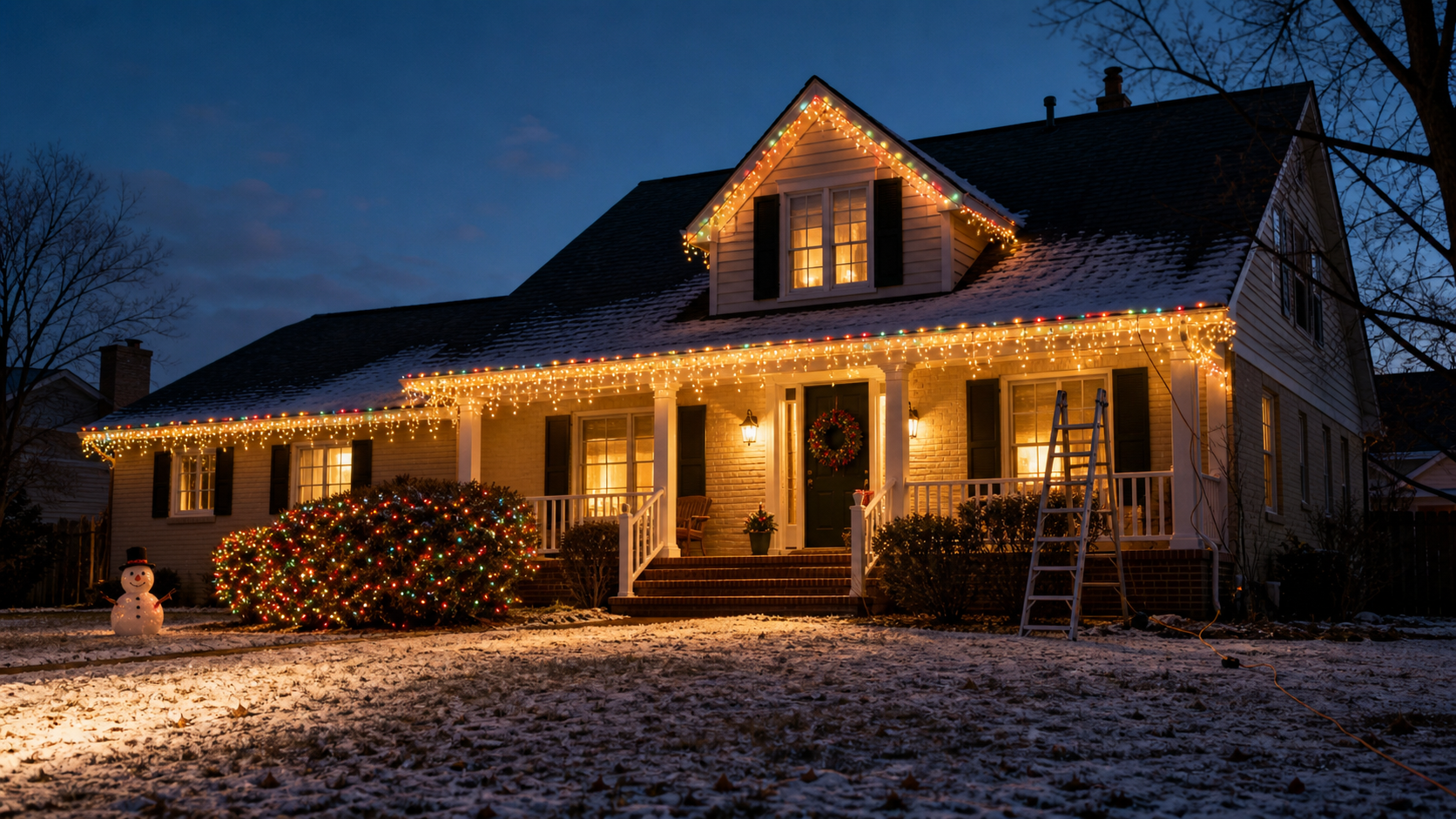 midwestern home in winter at night with christmas lights