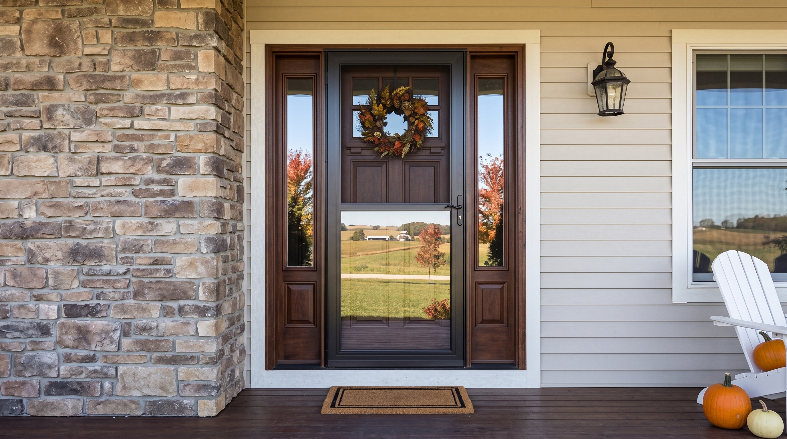 Black aluminum full-view storm door installed over a dark wood front entrance on a modern Midwestern porch.