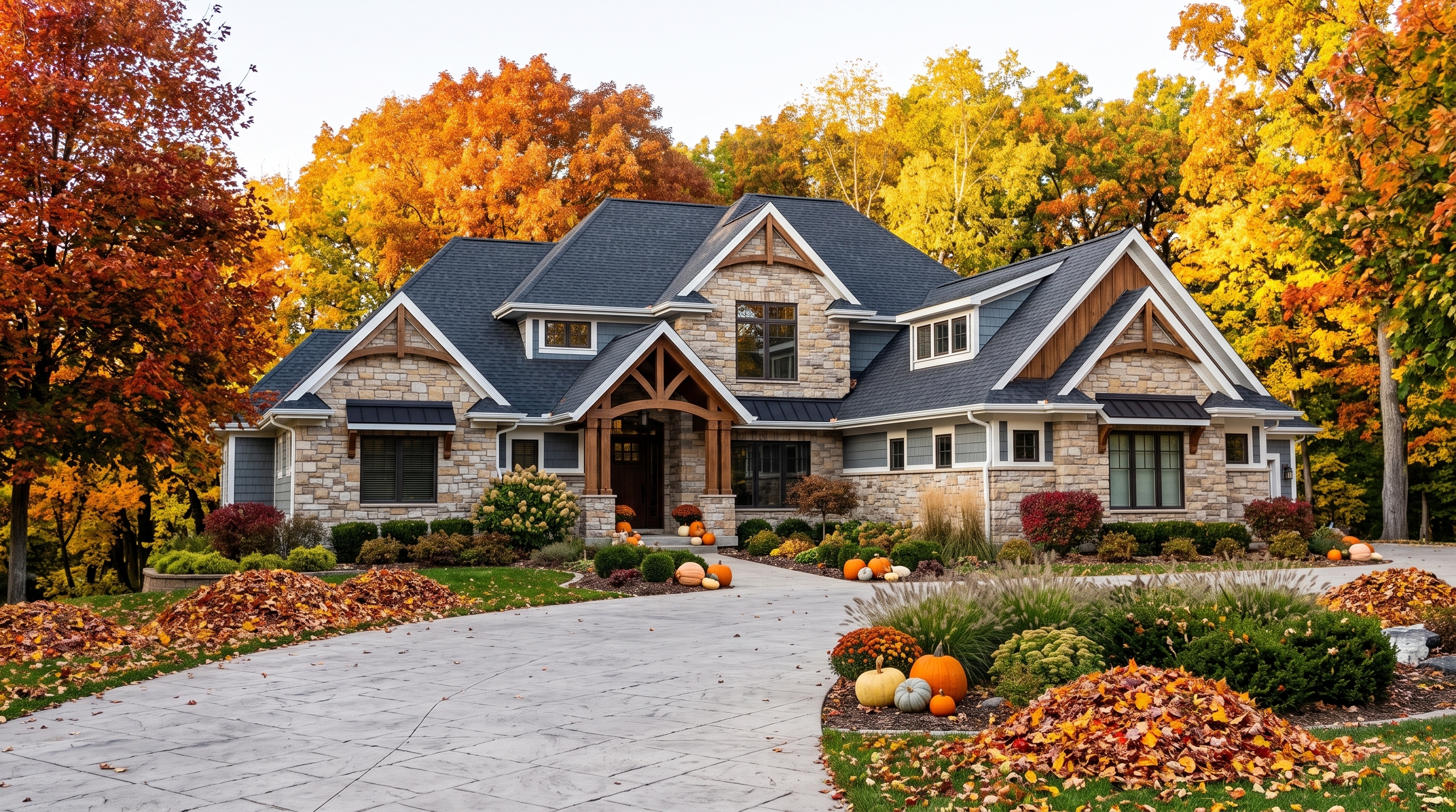 Residential home exterior with clean roof shingles and gutters surrounded by autumn trees in Central Iowa